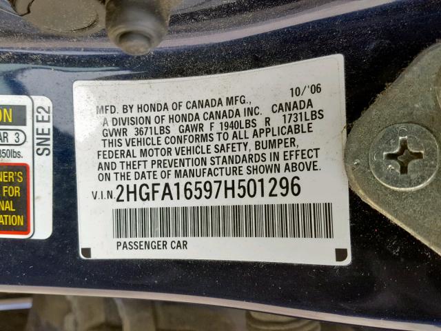 2HGFA16597H501296 - 2007 HONDA CIVIC LX BLUE photo 10