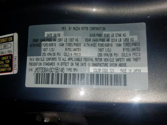 JM3TB38AX80155146 - 2008 MAZDA CX-9 GRAY photo 10