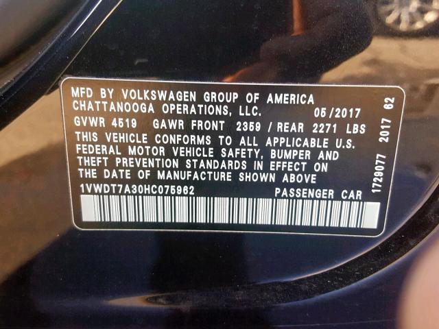 1VWDT7A30HC075962 - 2017 VOLKSWAGEN PASSAT R-L BLACK photo 10