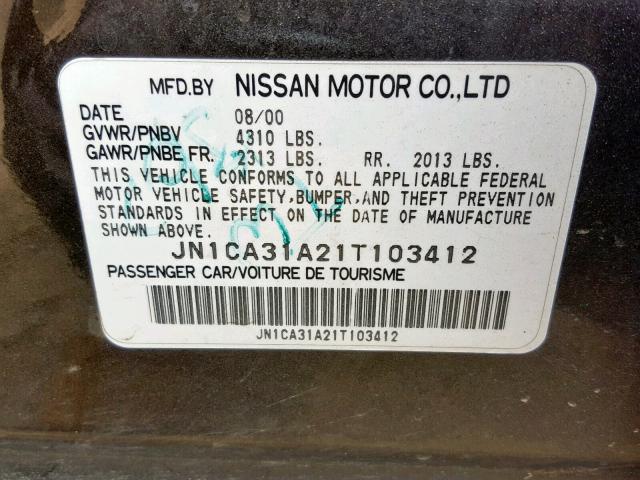 JN1CA31A21T103412 - 2001 NISSAN MAXIMA GXE GRAY photo 10