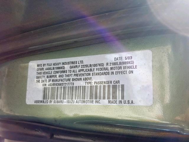 4S3BE635937217773 - 2003 SUBARU LEGACY L GREEN photo 10