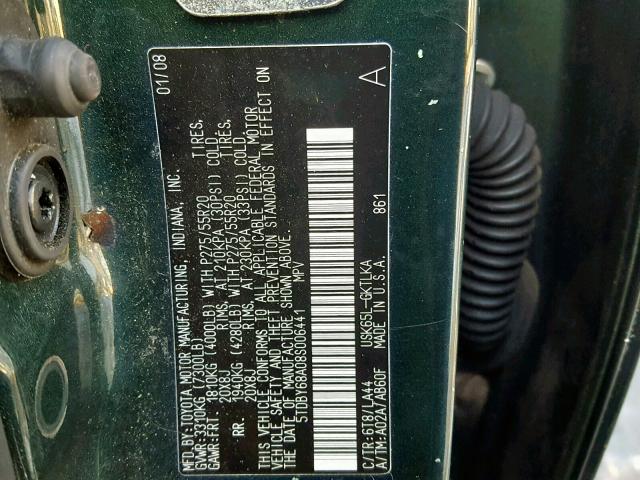 5TDBY68A08S006441 - 2008 TOYOTA SEQUOIA LI GREEN photo 10