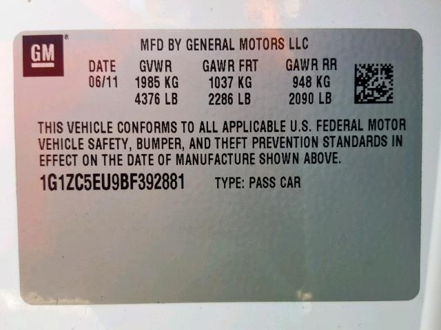 1G1ZC5EU9BF392881 - 2011 CHEVROLET MALIBU 1LT 白色 照片 10