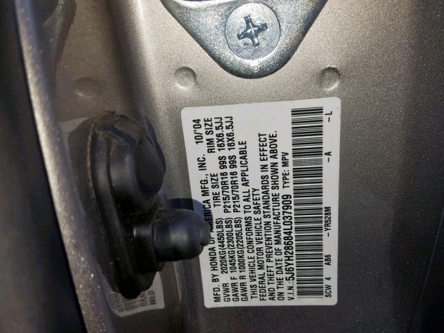 5J6YH28684L037909 - 2004 HONDA ELEMENT EX GRAY photo 10