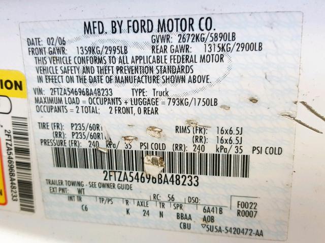 2FTZA54696BA48233 - 2006 FORD FREESTAR WHITE photo 10