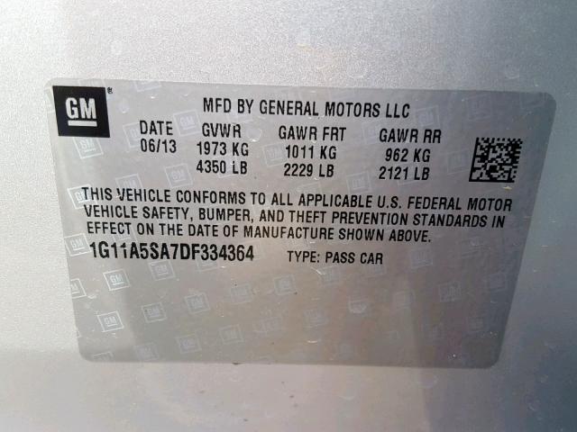 1G11A5SA7DF334364 - 2013 CHEVROLET MALIBU LS SILVER photo 10