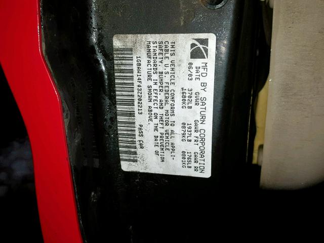 1G8AW14F43Z202213 - 2003 SATURN ION LEVEL RED photo 10