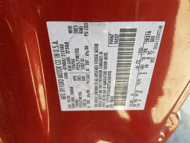 1FTYR10U82TA58490 - 2002 FORD RANGER RED photo 10