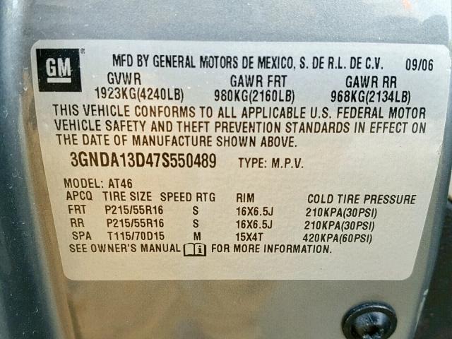 3GNDA13D47S550489 - 2007 CHEVROLET HHR LS GRAY photo 10