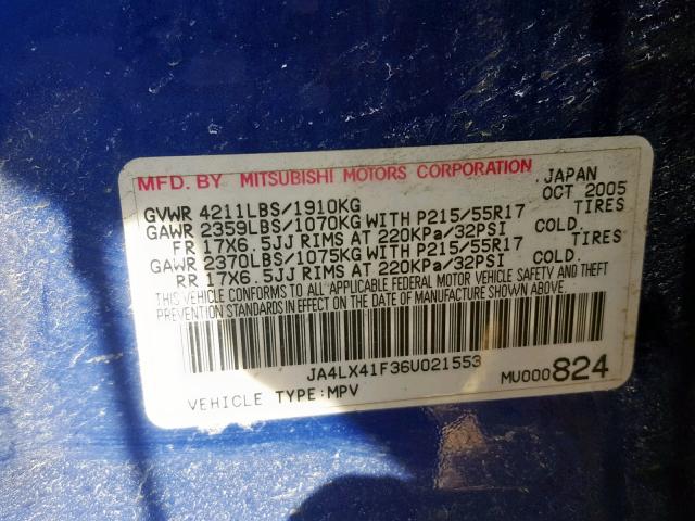 JA4LX41F36U021553 - 2006 MITSUBISHI OUTLANDER BLUE photo 10