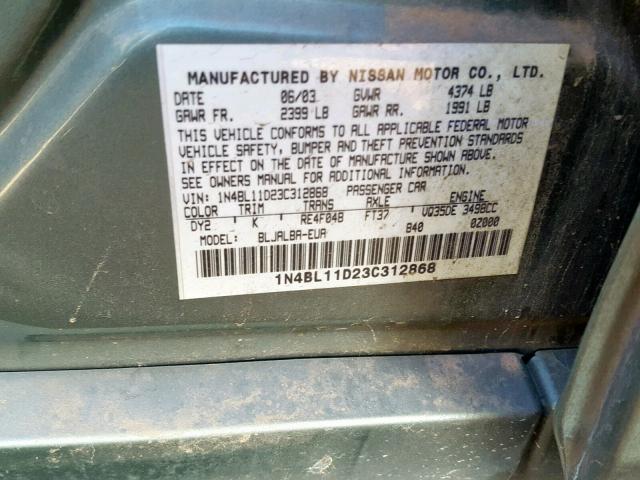 1N4BL11D23C312868 - 2003 NISSAN ALTIMA SE GREEN photo 10