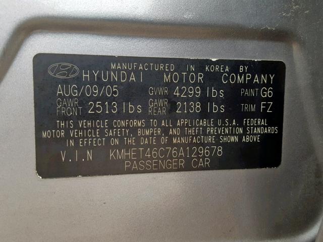 KMHET46C76A129678 - 2006 HYUNDAI SONATA GL SILVER photo 10