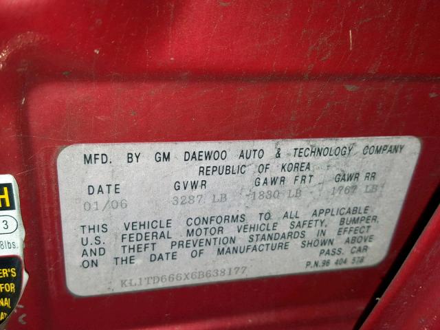 KL1TD666X6B638177 - 2006 CHEVROLET AVEO BASE წითელი ფოტო 10