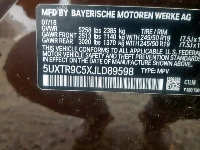 5UXTR9C5XJLD89598 - 2018 BMW X3 XDRIVE3 BROWN photo 10