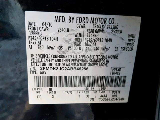 2FMDK3JC2ABB46286 - 2010 FORD EDGE SEL BLUE photo 10