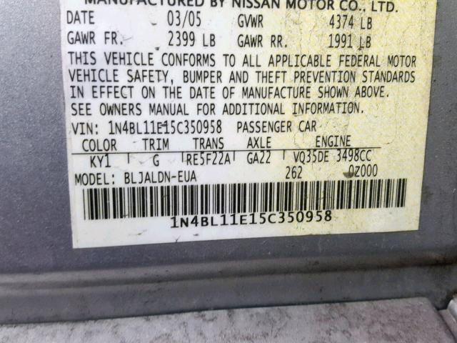 1N4BL11E15C350958 - 2005 NISSAN ALTIMA SE SILVER photo 10