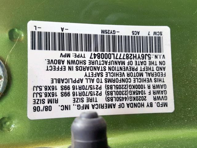 5J6YH28777L000847 - 2007 HONDA ELEMENT EX GREEN photo 10