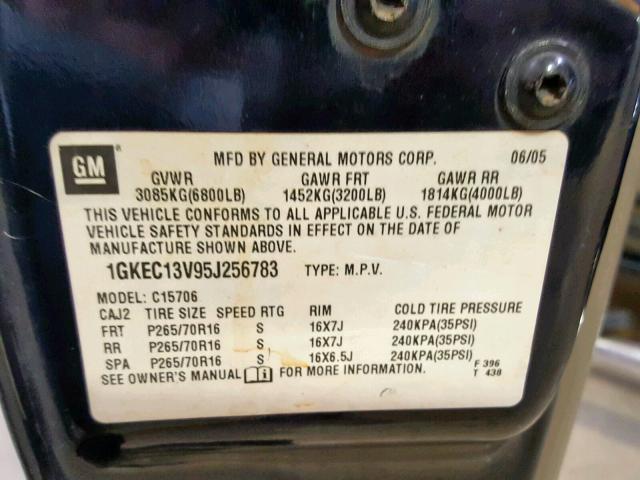 1GKEC13V95J256783 - 2005 GMC YUKON BLUE photo 10