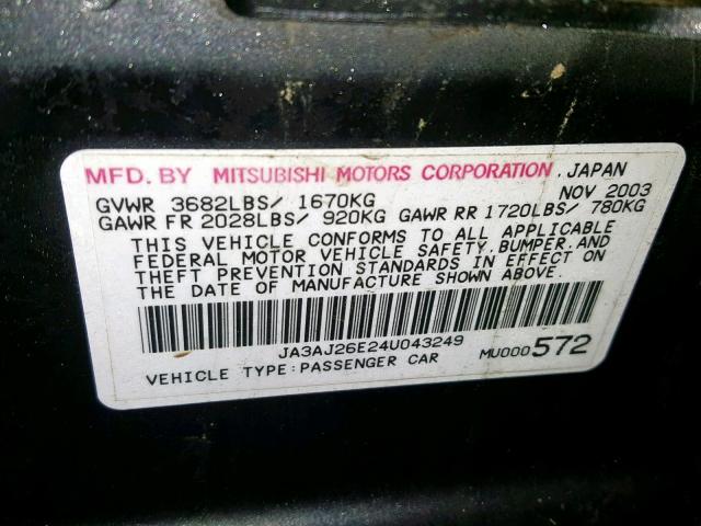 JA3AJ26E24U043249 - 2004 MITSUBISHI LANCER ES BLACK photo 10