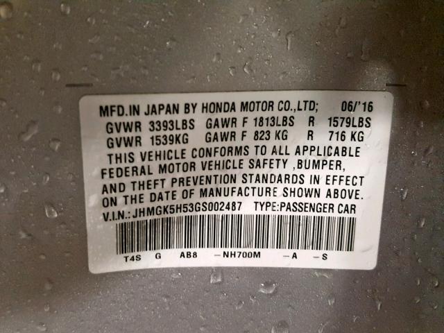 JHMGK5H53GS002487 - 2016 HONDA FIT LX SILVER photo 10