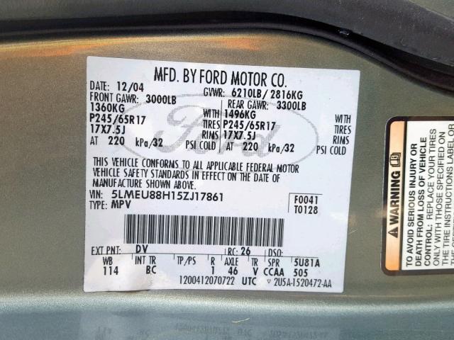 5LMEU88H15ZJ17861 - 2005 LINCOLN AVIATOR 绿色 照片 10