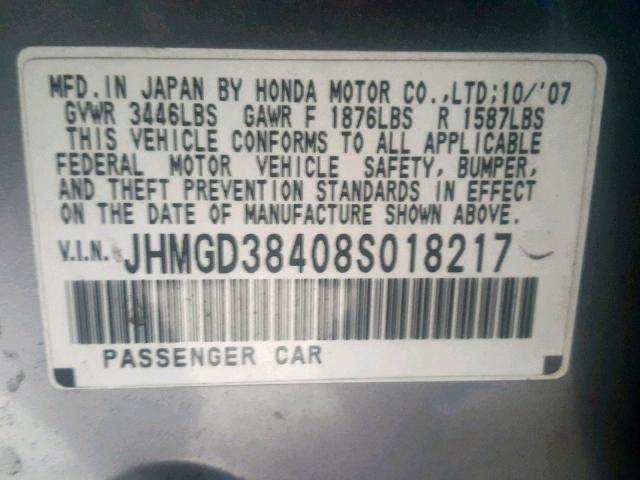 JHMGD38408S018217 - 2008 HONDA FIT SILVER photo 10