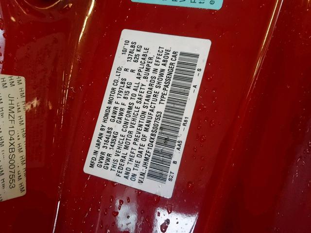 JHMZF1D4XBS007553 - 2011 HONDA CR-Z RED photo 10