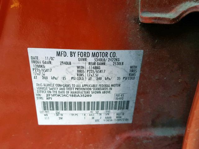 2FMDK38C18BA35289 - 2008 FORD EDGE SEL ORANGE photo 10