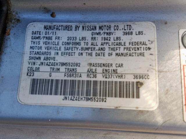 JN1AZ4EH7BM552092 - 2011 NISSAN 370Z BASE SILVER photo 10