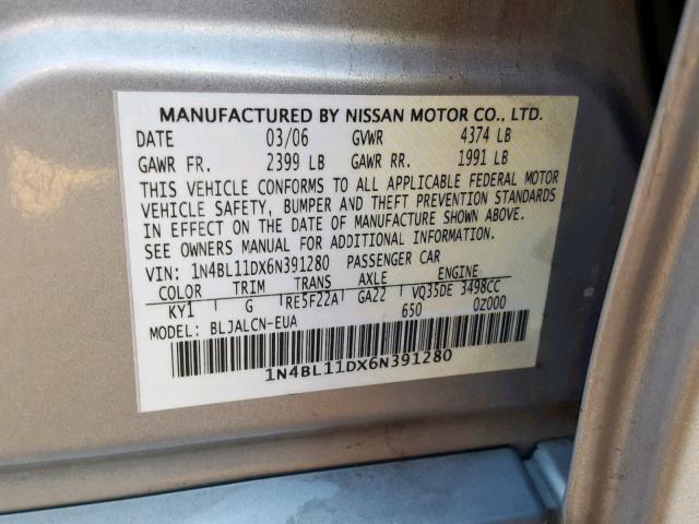 1N4BL11DX6N391280 - 2006 NISSAN ALTIMA SE SILVER photo 10