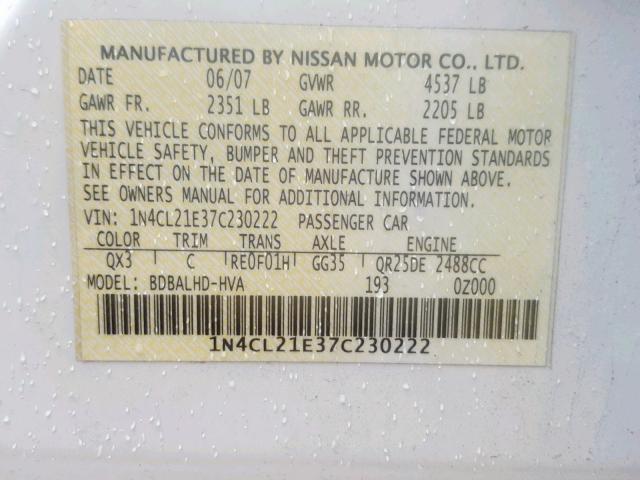 1N4CL21E37C230222 - 2007 NISSAN ALTIMA HYB WHITE photo 10