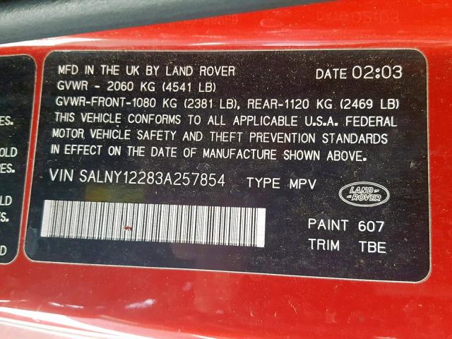 SALNY12283A257854 - 2003 LAND ROVER FREELANDER RED photo 10