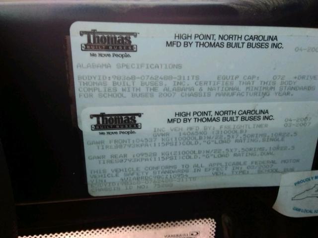 4UZABRDC98CZ10954 - 2008 FREIGHTLINER CHASSIS B2 黄色 照片 10