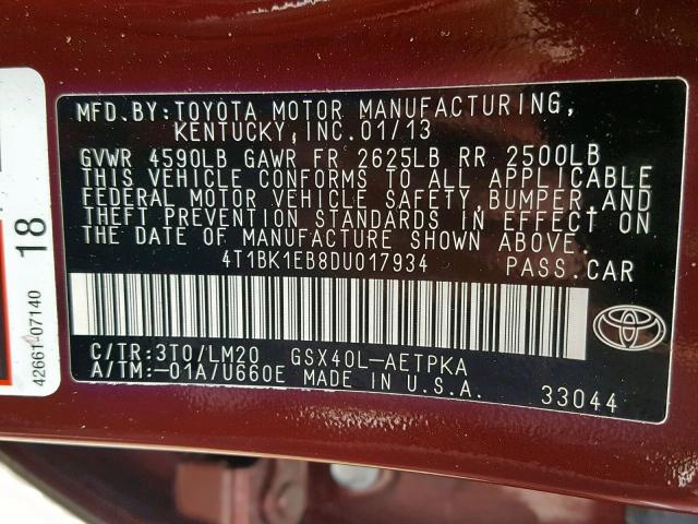 4T1BK1EB8DU017934 - 2013 TOYOTA AVALON BAS BURGUNDY photo 10