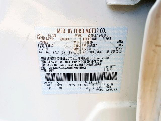 2FMDK38C68BA61502 - 2008 FORD EDGE SEL WHITE photo 10