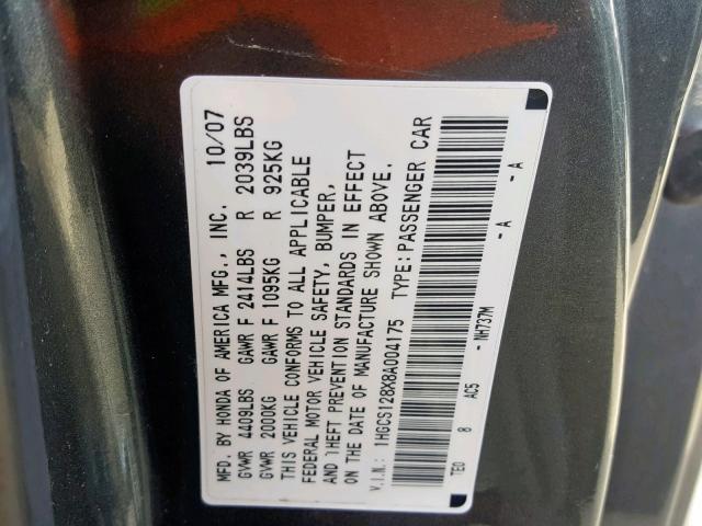 1HGCS128X8A004175 - 2008 HONDA ACCORD EXL GRAY photo 10