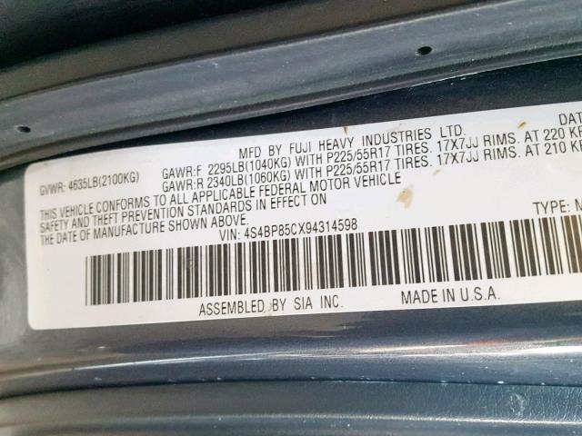 4S4BP85CX94314598 - 2009 SUBARU OUTBACK 3. SILVER photo 10