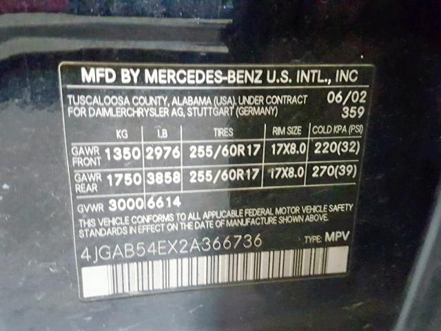 4JGAB54EX2A366736 - 2002 MERCEDES-BENZ ML 320 BLUE photo 10