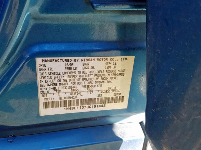 1N4BL11D73C151448 - 2003 NISSAN ALTIMA SE BLUE photo 10