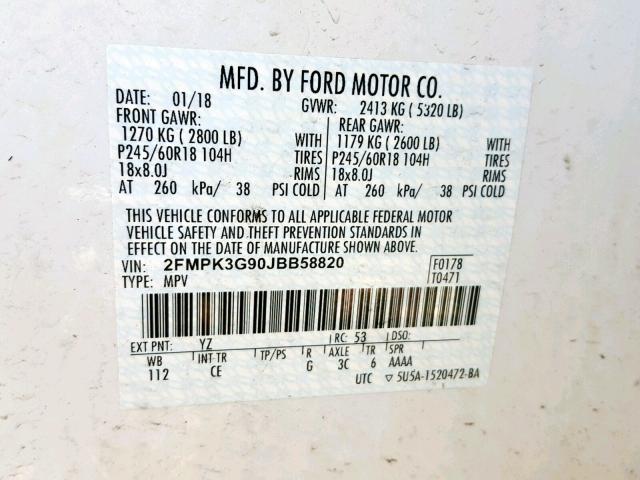 2FMPK3G90JBB58820 - 2018 FORD EDGE SE WHITE photo 10