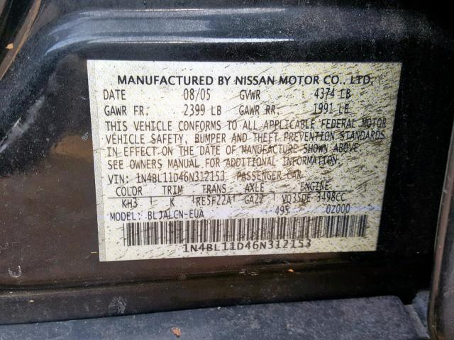 1N4BL11D46N312153 - 2006 NISSAN ALTIMA SE BLACK photo 10