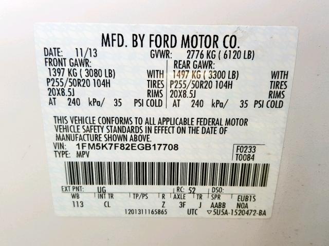 1FM5K7F82EGB17708 - 2014 FORD EXPLORER L WHITE photo 10