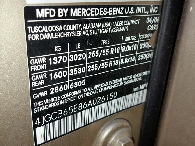 4JGCB65E86A026150 - 2006 MERCEDES-BENZ R 350 GOLD photo 10