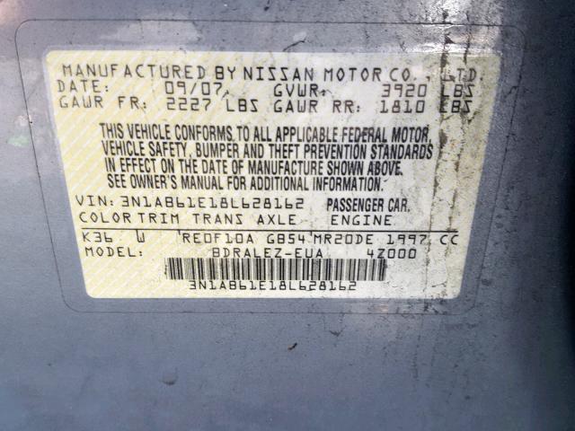 3N1AB61E18L628162 - 2008 NISSAN SENTRA 2.0 SILVER photo 10