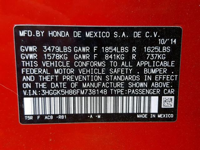 3HGGK5H86FM738148 - 2015 HONDA FIT EX RED photo 10