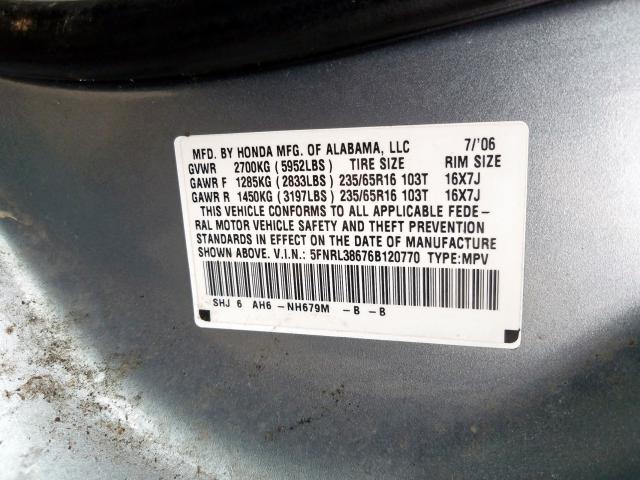 5FNRL38676B120770 - 2006 HONDA ODYSSEY EXL  photo 10