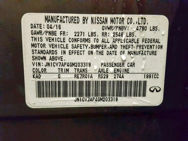 JN1CV7AP4GM203319 - 2016 INFINITI Q50 BASE GRAY photo 10