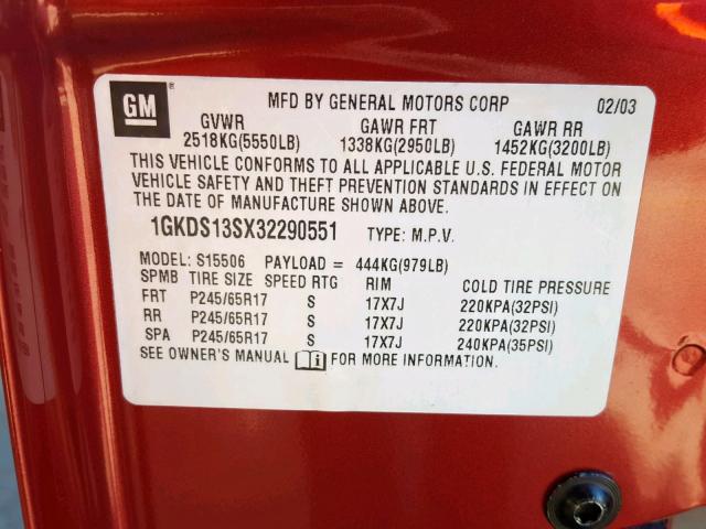 1GKDS13SX32290551 - 2003 GMC ENVOY RED photo 10