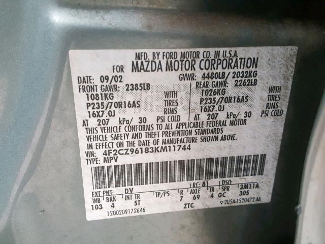 4F2CZ96183KM11744 - 2003 MAZDA TRIBUTE ES 绿色 照片 10