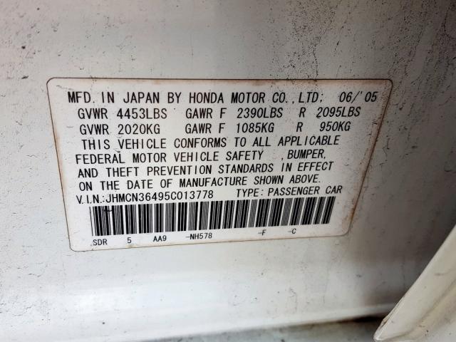 JHMCN36495C013778 - 2005 HONDA ACCORD HYBRID  photo 10